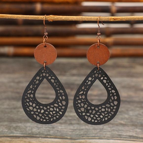 Hollowed Wooden Black Leather Teardrop Dangle Earrings - Picture 1 of 3